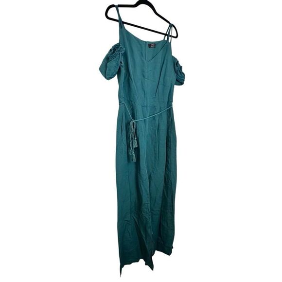 Yessica V-neck Tassel Tie Belt Cold Shoulder Linen Blend Jumpsuit Teal Large - Picture 3 of 5